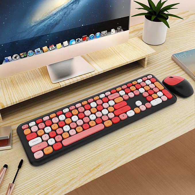 Wireless Keyboard and Mouse Combo, Colorful Ergonomic Full Size Retro Low-Noise Keyboard with Cute keycaps, Compatible with Windows, PC, Perfer for Home and Office Keyboards (Black)