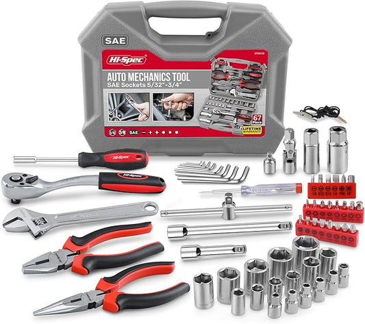 Hi-Spec Tools 67pc SAE Auto Mechanics Hand Tool Kit Set. Complete Car, Motorcycle, Engine & Garage Repairs with Sockets, Ratchet Wrench, Pliers & More