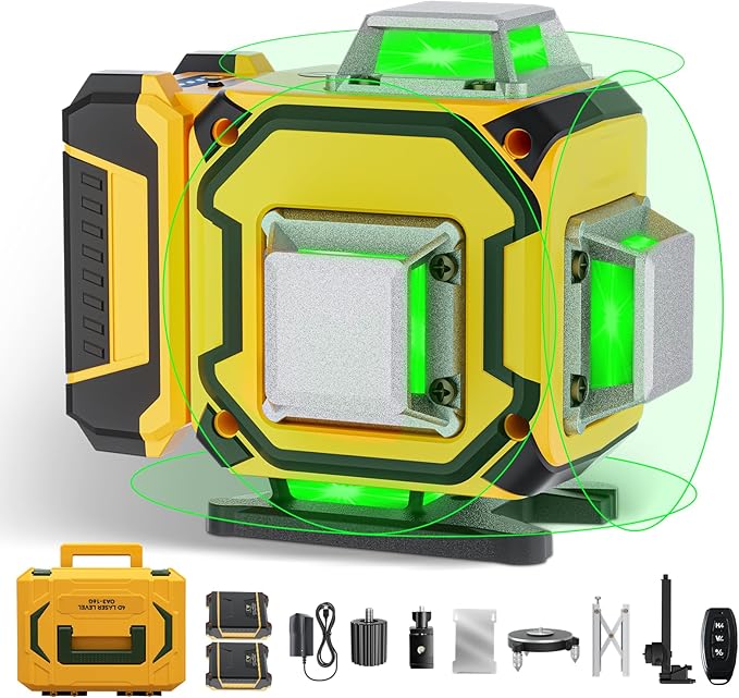 16 Line Laser Level 360 Self Leveling,Professional 4 x 360 Laser Level with Pulse Mode,4D Green Alignment Laser for Construction and Picture Hanging,with 2 Batteries,Magnetic Bracket,Hard Carry Case