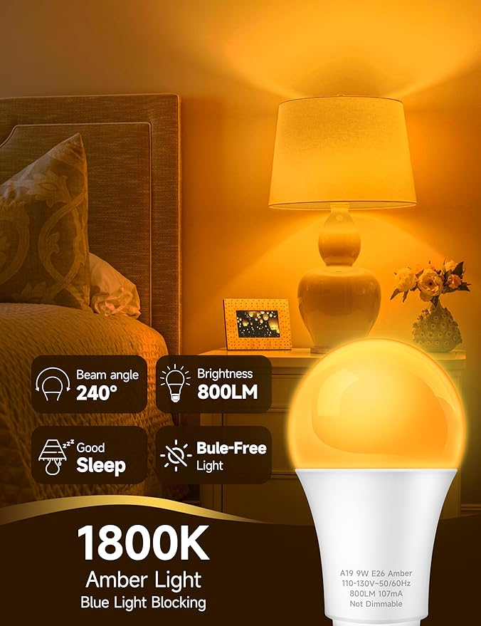 Amber Sleep Light Bulbs, Blue Light Blocking, 9W (60W Equivalent), 1800K A19 E26 Warm White Dim Light Bulb for Bedroom, Nursery, Relaxation –Eye Comfort, Better Sleep