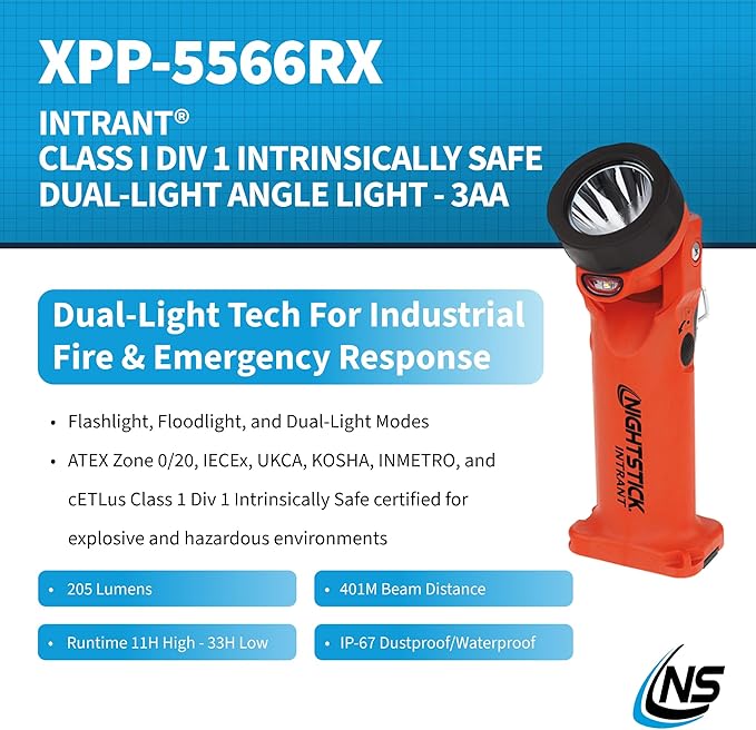 Nightstick XPP-5566RX Intrant Intrinsically Safe Dual Angle Light - 3 in 1 Flashlight, Floodlight, Dual-Light - 8 Brightness Modes - Red