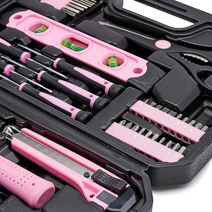 Amazon Basics Household Tool Kit With Storage Case, 142 Piece, Pink, 13.39 x 9.25 x 2.95 inch