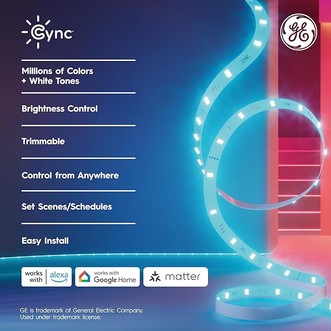 Cync GE Smart LED Strip Light, Color Changing Room Decor LED Light Strip, Works with Alexa and Google Home, Matter Compatible, LED Lights for Bedroom, Millions of Colors and White Tones, 32 Feet