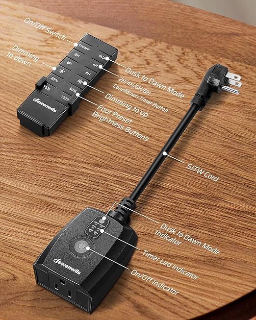 DEWENWILS Dusk to Dawn Dimmer, Wireless Remote Control, Waterproof Dimmable Plug with Timer, 100 FT Range, Outdoor Dimmer for String Light, Patio Lights, FCC Certified
