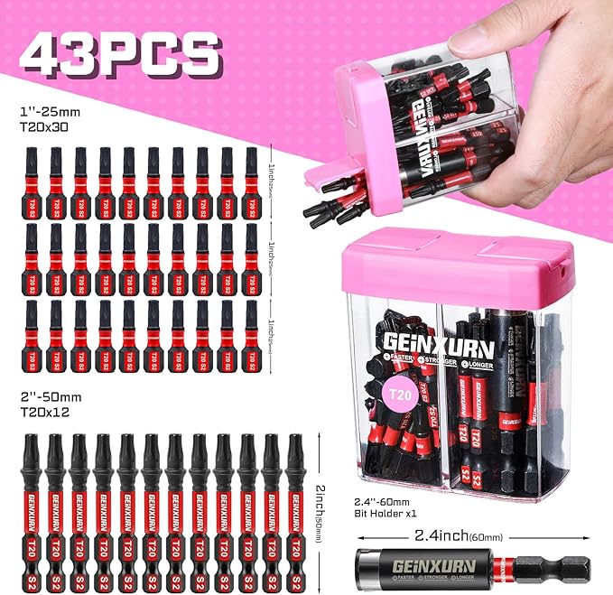 Impact #20 Torx Screwdriver Bits Set,43 Pcs Magnetic1"/2" T20 S2 Steel Driver Bits with Storage Colorful Box