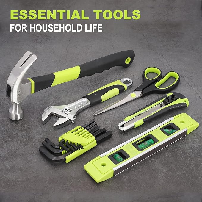 FASTPRO 232-Piece 20V Cordless Lithium-Ion Drill Driver & Home Tool Set, Household Repairing Tool Kit with Drill, 12-Inch Wide Mouth Storage Tool Bag, Green