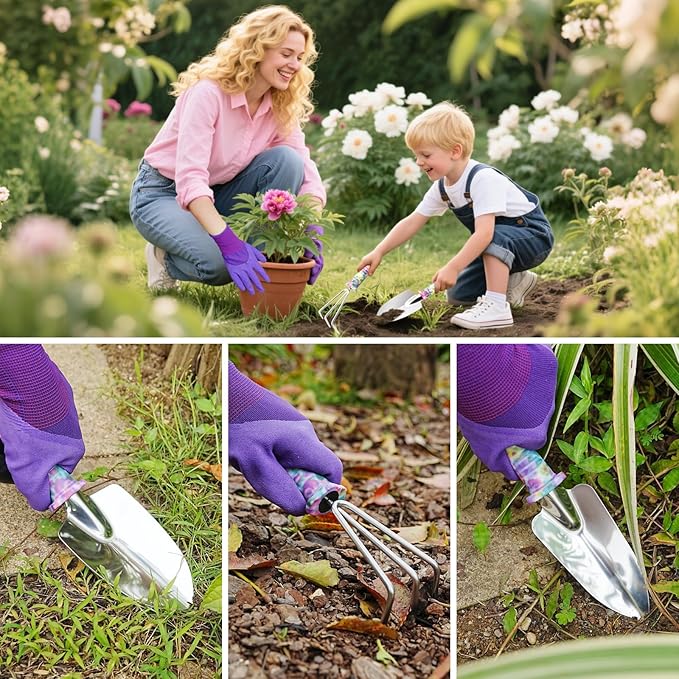 Garden Tool Set, 17-Piece Garden Tools with Floral Print, 304 Stainless Steel Garden Tools Set, Gardening Kit Gardening Gifts for Women, Purple