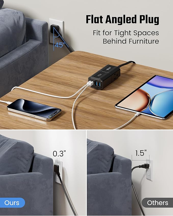 SUPERDANNY Detachable Travel Power Strip,45W USB Fast Charge,2 USB-C & 2 USB-A with 3 Outlets Flat Plug Extension Cord 10ft,Portable Charger for Travel Essentials for Travel Cruise Home, Black