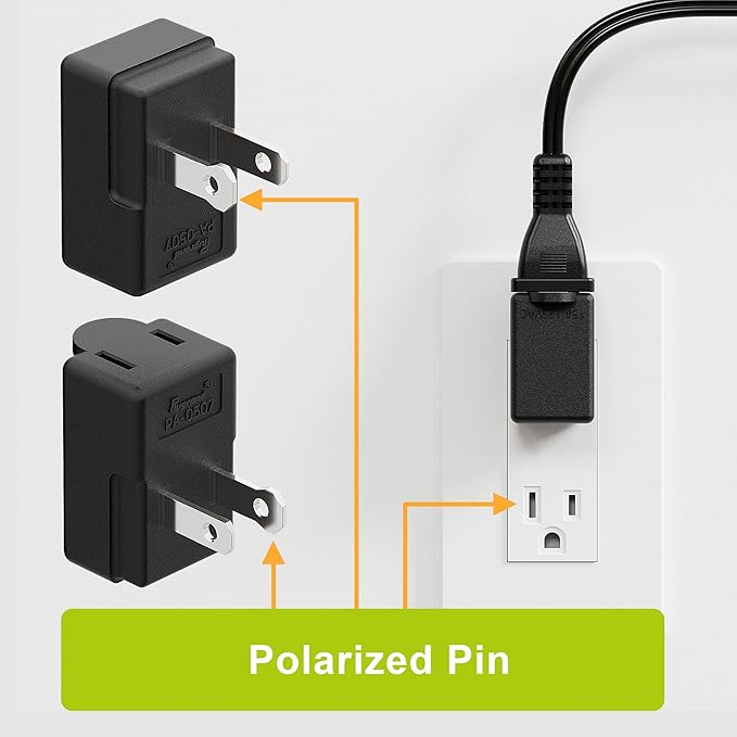 Right Angle Adapter,2-Prong 90 Degree Upward Angled AC Adapter, Polarized 2-Prong L Type Adapter, Vertical Right Angled Down Angle Power Adapter, PA-0507B Black Color