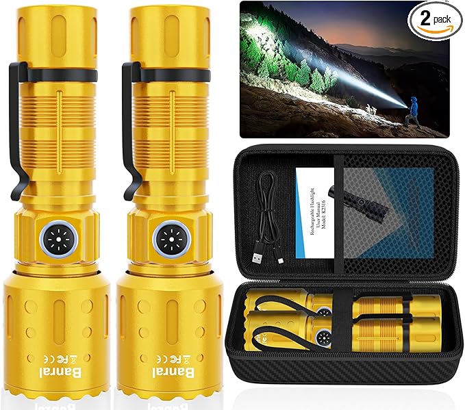 Flashlights High Lumens Rechargeable, Super Bright Long Range Small Powerful Flashlight, 6 Modes LED Tactical Pocket Waterproof Flash Light for Home Emergency (2, Yellow Gold)