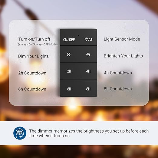 DEWENWILS Dusk to Dawn Dimmer, Outdoor Dimmer for String Light with Remote Dimmer Switch, 100 FT Wireless Remote Control Dimming Timer for Led Light or Lamp Patio Lights, FCC Certified