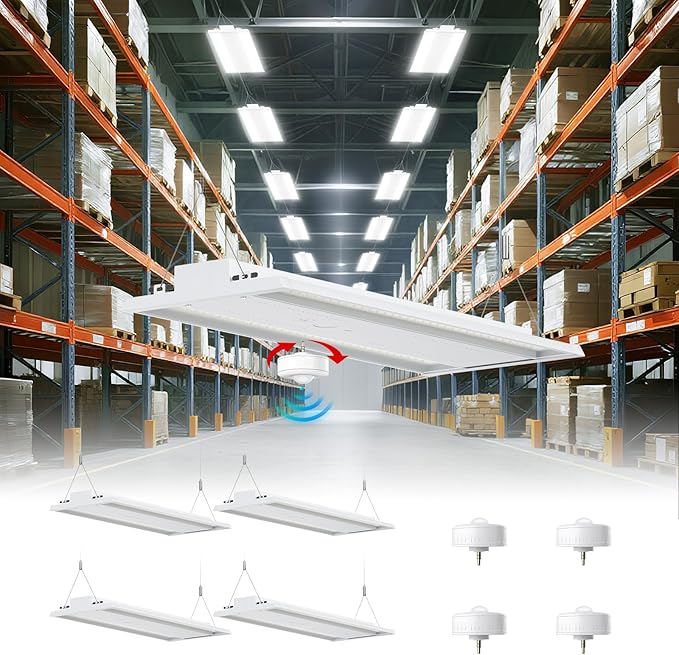 LED Linear High Bay Shop Light With Motion Sensor 300W, Larger Central Lighting Area, 45000LM, 100-277V, 0-10V, 5000K, Commercial Linear High Bay Led Shop Lights for Warehouse Industrial, 4 Pack, UL