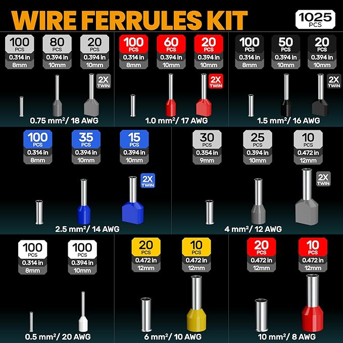 SOMELINE Ferrule Hexagonal Crimping Tool Kit, 21 Sizes Ferrules, 24-8 AWG Ferrule Crimper, Hexagonal Crimp Pliers Ferrule Terminal Kit