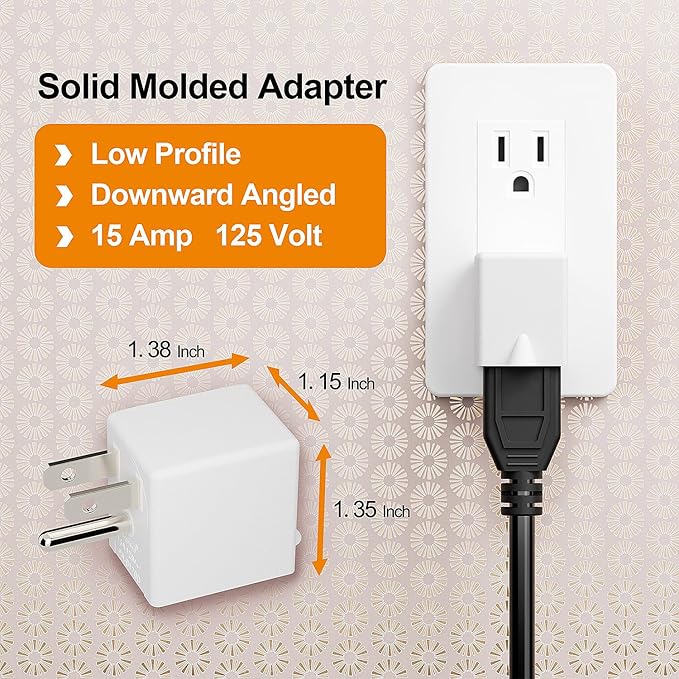 90 Degree Adapter Right Angled Downward Angled USA 3-Prong Male-Female Adapter, 5-15P to 5-15R Direction Changer, White
