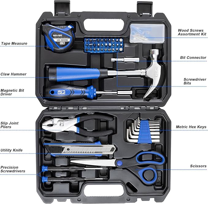 Prostormer 93-Piece Tool Kit, Basic Household Repair Tool Set with Toolbox Storage Case, Small Starter Tool Box Kit for Homeowners and College Students (Blue)