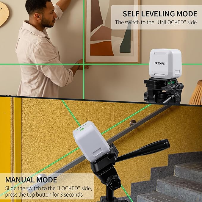 Laser Level with Tripod, Firecore 82Ft Green Self Leveling Cross Line Laser Measuring Leveler Tool for Hanging Pictures, DIY Indoor Project, 25" Tripod, Battery & Carry Pouch Included