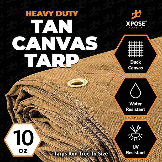 Xpose Safety Canvas Tarp - 10oz Tan Canvas Tarps Heavy Duty Water Resistant with Brass Grommets- Multipurpose Outdoor Tarpaulin for Camping, Canopy, Trailer, Equipment Cover 6' x 8' (2 Pack)