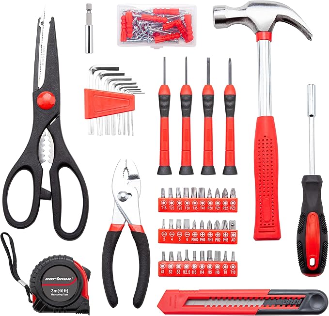 CARTMAN 126-Piece Home Tool Set Kit, Basic Household Hand Tools with Storage Case, Red