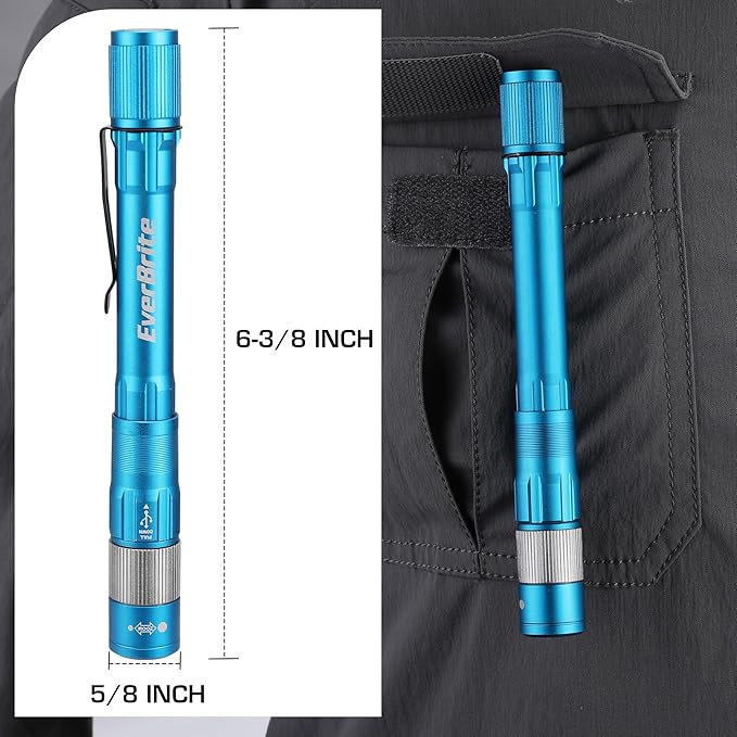 EverBrite Pen Light, Rechargeable Pen Flashlights, 300 Lumens Zoomable LED Small Flashlight with Clip, Memory Function, USB-C Cable Included, Pocket Size for Camping, Emergency, Mechanic, Blue