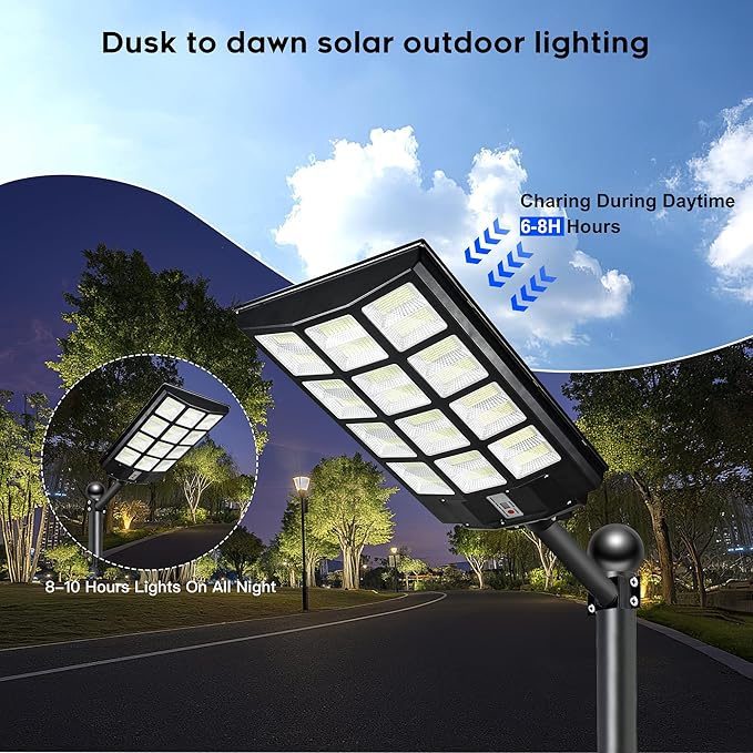 Solar Street Lights Outdoor - 8000K Commercial Parking Lot Lights Dusk to Dawn, Waterproof Solar Security Flood Lights with Motion Sensor and Remote for Yard, Garage, Driveway