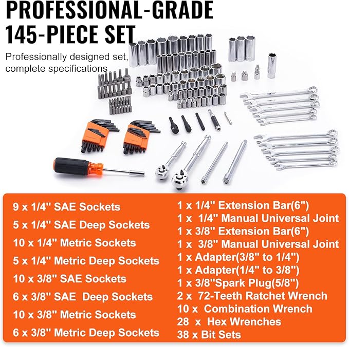 VEVOR Mechanics Tool Set, 145-Piece, Chrome Vanadium Steel, Polyethylene, SAE/Metric Sockets, Combination Wrench, Hex Wrenches, Accessories, Storage Case