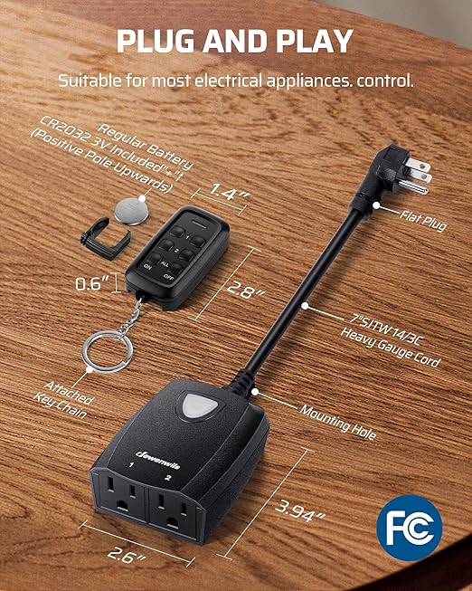 DEWENWILS Outdoor Wireless Remote Outlet, 2-in-1 Individual Control Sockets, 2 Independent Control Sockets Weatherproof Remote Control Switch, 15A Heavy Duty with 2 Remote for Lights, FCC Listed
