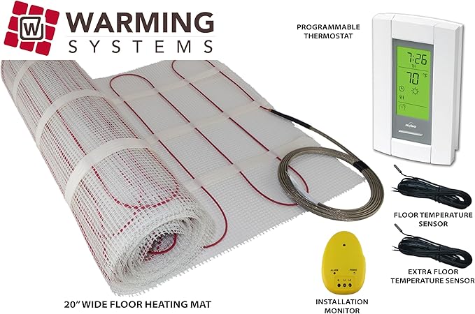 100 Sqft Mat, Electric Radiant Floor Heating System with Digital Floor Sensing Thermostat, Includes 2 Floor Temperature Sensors and Installation Monitor, Heated Floor System, Radiant Floor Heating Mat