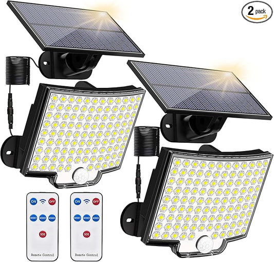 Solar Lights Outdoor, 106 LED 3000LM Solar Powered Motion Sensor Flood Lights with Remote, Dusk to Dawn Led Solar Security Wall Lights with 16.5Ft Cable IP65 Waterproof for Outside, Garage, 2 Pack