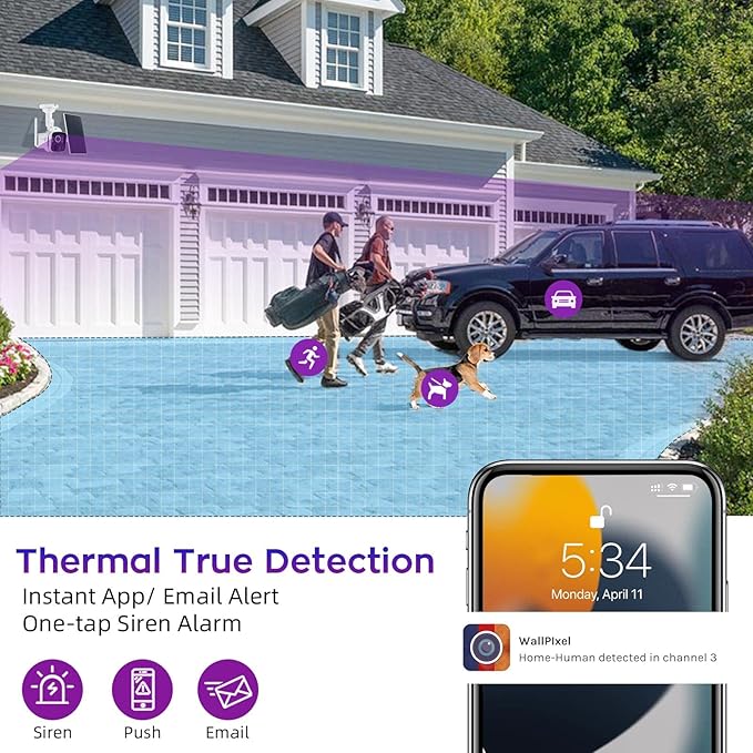 XMARTO 100% Wire-Free Solar Home Security Camera System Wireless, 4-Set 2K CCTV Camera Kit with 4K 10CH Expandable WiFi NVR + 4PCS Wire-Free PTZ Solar Security Camera