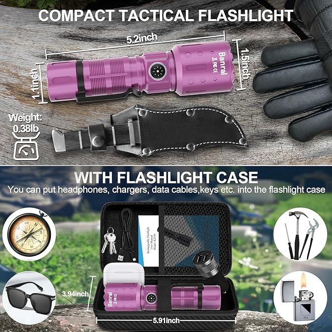 Flashlights High Lumens Rechargeable, Super Bright Long Range Small Powerful Flashlight, 6 Modes LED Tactical Pocket Waterproof Flash Light for Home Emergency (1, Purple)