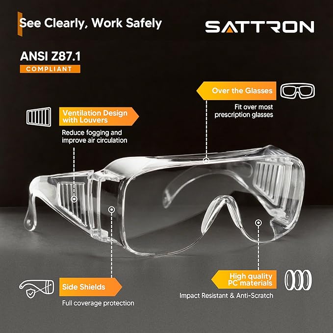 Clear Safety Glasses Over Eyeglasses 12 PACK ANSI Z87.1 Impact Resistant Wide Vision Fits Over Most Prescription Glasses Dust/Chemical Splash Proof Lightweight Protective Eyewear for Men Women