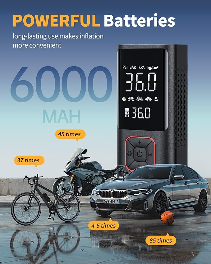 Cordless Tire Inflator Portable Air Compressor - 150PSI Air Pump with Auto Shutoff Function for Car Tires, Inflatables, Motorcycle, Balls, Compact Bike Tire Pump with LED Light, Red, Large