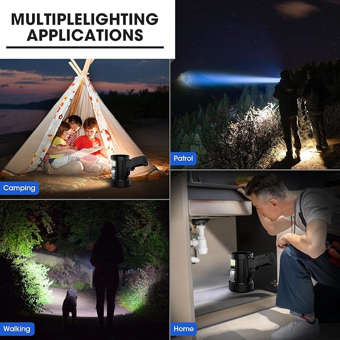 Rechargeable Spotlight, 90,000 Lumens Super Bright Handheld Led Flashlight, Outdoor Spot Light with Cob Light and Solar Panelsfor Boating Camping