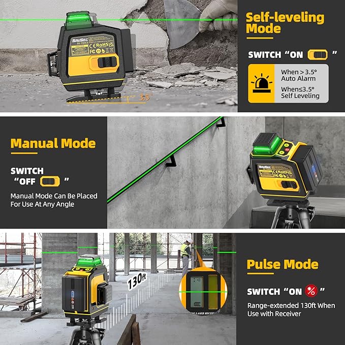 Laser Level 360 Self Leveling, SAVSEC Rechargeable (Up to 37H) 4D Lazer Leveler Tool Kit, 16 Lines Green Leveler Tool Rechargeable/Stepless Dimming/Remote Control/Switchable for Home & Outdoor