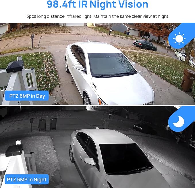 6MP IP PoE PTZ Camera Outdoor with Pan/Tilt 3X Optical Zoom,2.8-8mm Motorized Lens,98ft IR Night Vision, Built-in Mic, Human/Vehicle Detection,IP66&IK10, Blue Iris, NDAA Compliant Dome Mini PTZ Camera