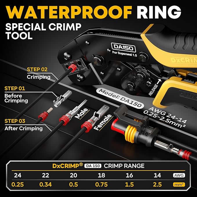 Waterproof Automotive Electrical Connectors Crimping Tool Kit, 1/2/3/4 Pin Waterproof Plugs, Ratchet Crimper for 24–14 AWG Wires, Includes Removal Tools for Car, Truck, RV, Boat Wiring Harness