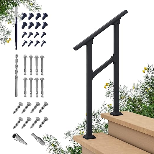 CHR Fence & Rail Hand Rails for Outdoor Steps, 2 Step Handrail & Indoor Stair Railing Kit, Railings for Outdoor Steps and Hand Rails for Seniors for Porch Railing & Deck Hand Rail, 1-2 Step Railing