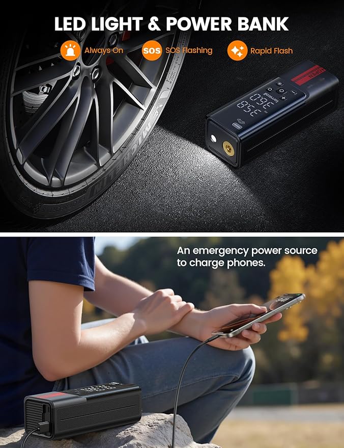 Lamicall Portable Car Tire Inflator - Air Compressor [150 PSI] [4X Faster] Cordless Car Air Pump with Rechargeable Battery, Digital Display Pressure Gauge, LED Light, for Cars, Motorcycles, Bike, Ball