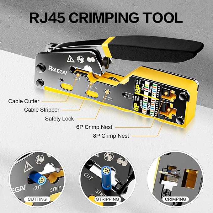 RJ45 Crimp Tool Pass Through Crimper RJ45 Crimping Tool Stripper Cutter Crimper for 8P RJ45 Cat5 Cat5e Cat6 6P RJ11/12 Telephone Connectors Network Enthernet Crimper kit (1)