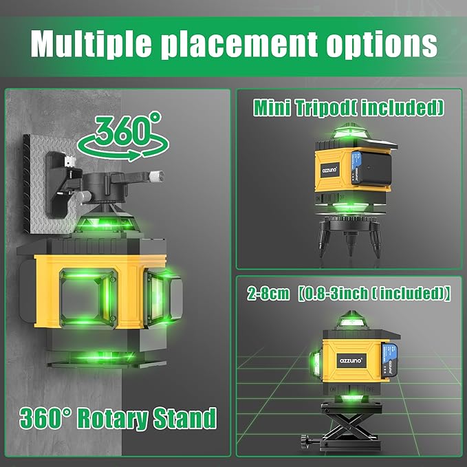 AZZUNO Laser Level 360 Self Leveling Green Beam with LCD Screen, 4x360 lazer leveler tool, Rechargeable Battery & Magnetic Base - Ideal for Construction, Tiling,yellow