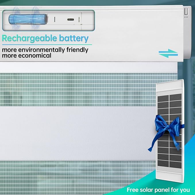 DENFOON Motorized Zebra Blinds, Solar Powered Dual Layer Automatic Shades with Remote Control, Rechargeable Smart Blinds Horizontal Wireless Electric Shades for Windows, Custom Size, White， 38 x 72