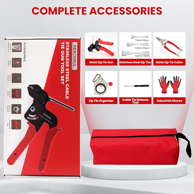 Stainless Steel Cable Tie Gun Set – Heavy Duty Metal Zip Tie Tool Kit - 150PCS Self-Locking Ties, Adjustable Fastening & Cutting Tool for Outdoor Fencing, Automotive, Exhaust Pipes (Red)