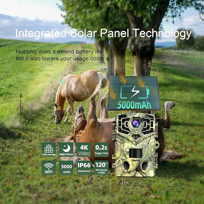 48MP WiFi Solar Trail Camera with Night Vision Motion Activated – 64GB SD Card, 940nm Infrared, 2.0" Screen, 5000mAh Long Battery Life, 0.2s Trigger Speed, IP66 – Ideal for Wildlife Monitoring