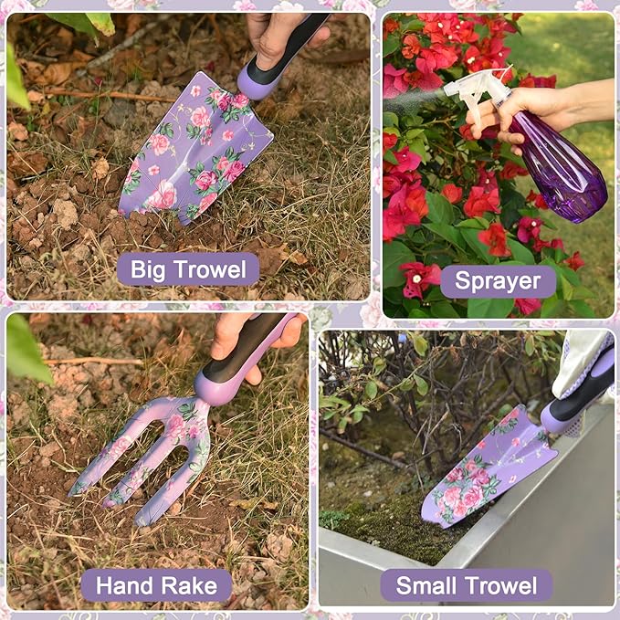 Gardening Tools, WisaKey 10 Piece Heavy Duty Purple Garden Tool Set with Handle, Durable Fashion Garden Supplies Organizer Handbag, Garden Hand Tools Gardening Gifts for Women Grandmother Granny