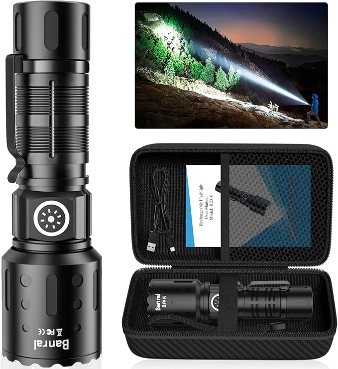 Banral Flashlights High Lumens Rechargeable, Super Bright LED Small Powerful Flashlight with Memory Function, 6Modes Pocket Waterproof Flash Light for Camping,Hiking (1, Black)