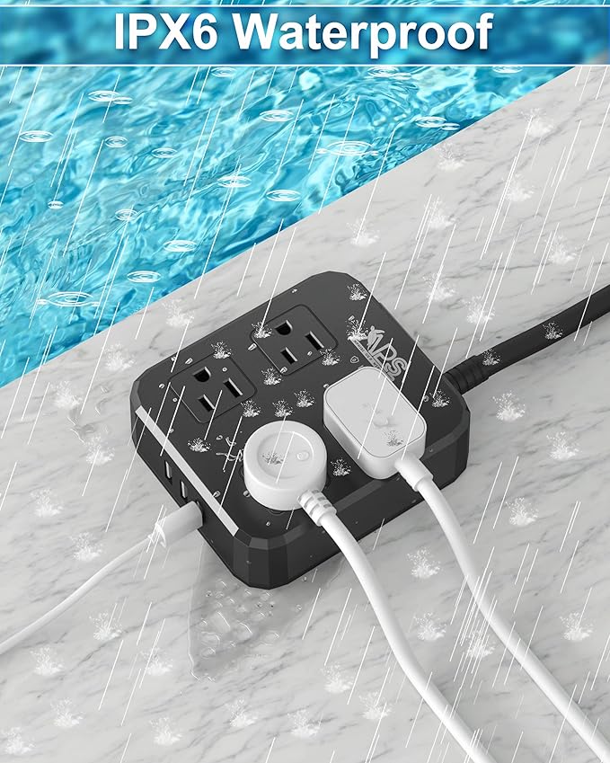 Outdoor Power Strip Weatherproof, Waterproof Surge Protector with 4 Wide Outlet with 3 USB Ports, 6FT Long Extension Cord,1875W Overload Protection，Outlet Extender for Christmas Lights ETL Black