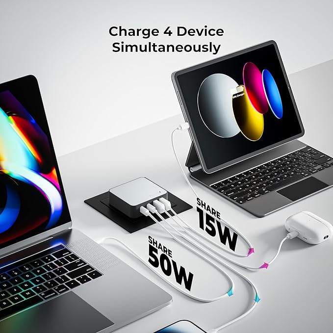 Nekmit 65W USB C Charger Block, 4 Port Flat Wall Charger with USB C and USB A, Multiport GaN Fast Charger for iPhone 16/15/14 Pro Max, iPad Pro, MacBook Pro/Air, AirPods, Galaxy and More, Blue