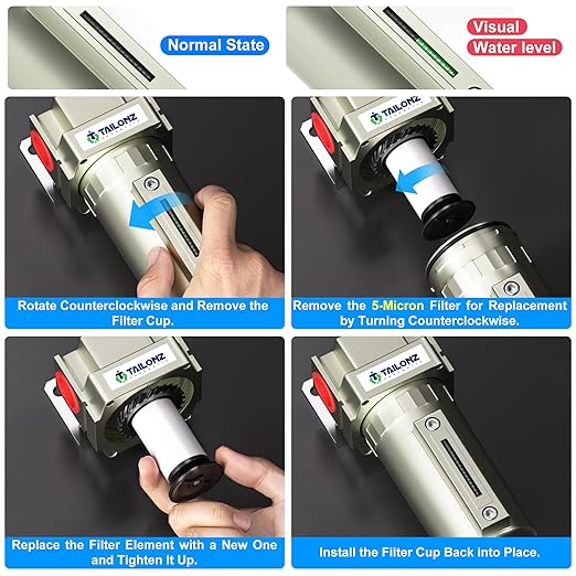 TAILONZ PNEUMATIC 1/2" NPT Industrial Grade Heavy Duty Particulate Air Filter with Metal Bowl - Paint Spray Compatible, Manual Drainage System