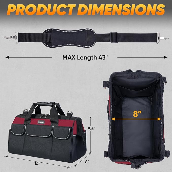 TICONN Heavy Duty Tool Bag with Multi-Pockets, Portable Tool Box Organizer Storage Bag, with Adjustable Shoulder Strap and Ergonomic Handle (Red, 14" Standard Base)