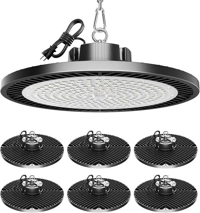 Upgrade 350w Led Shop Lights, 6 Pack Super Bright 52500lm 5000k UFO Led High Bay Light, High Bay Led Shop Lights with Us Plug 5' Cable for Garage Workshop Factory Barn Gym Warehouse